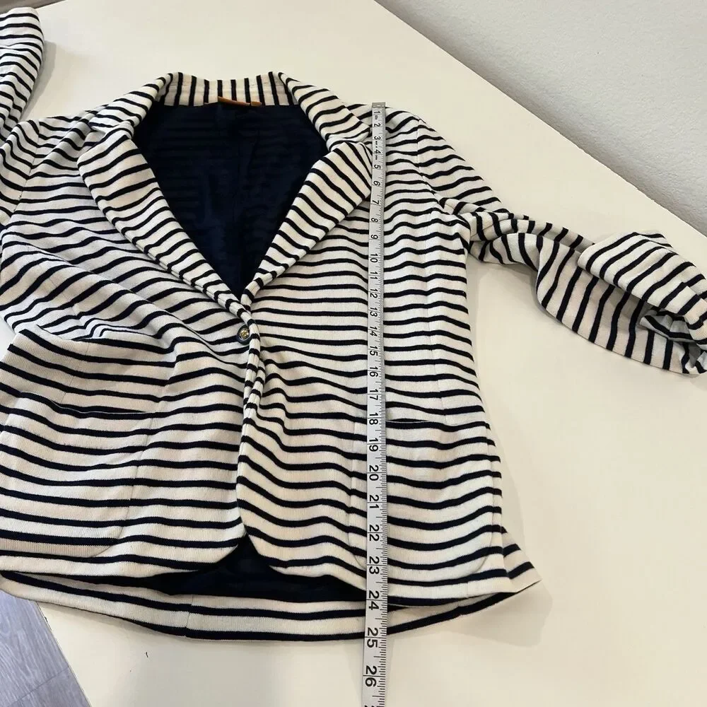 Tory Burch Womens Knit Striped One Button Blazer Jacket Navy White Size Large